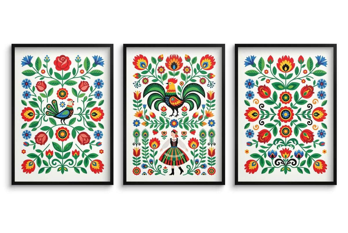 Plakat na ścianę Łowickie Koguty- Trzy części | Kolorowa dekoracja boho-folk 31212 - zdjęcie 2