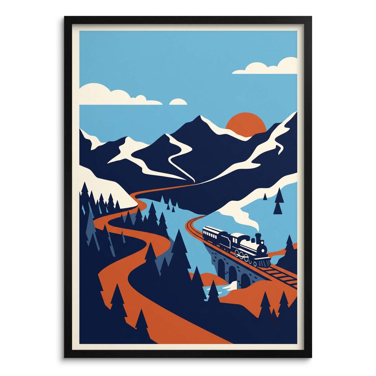 Plakat retro do salonu- Pociąg w górach | Obraz na ścianę styl vintage 31203