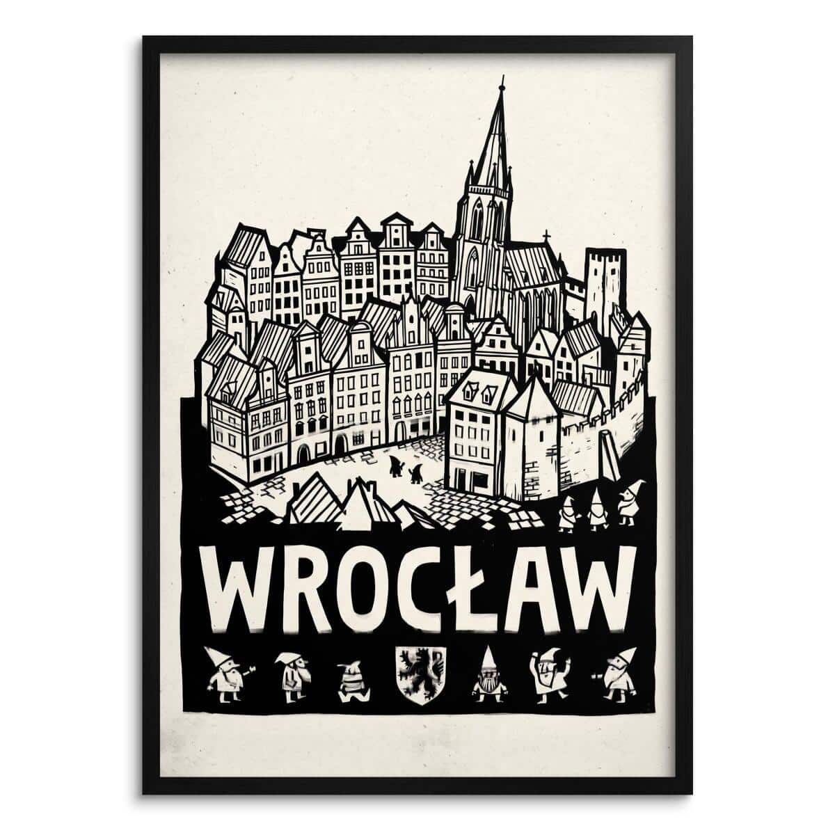Plakat z Miastem Wrocław- Czarny Linoryt | Minimalistyczna ozdoba do biura 31118