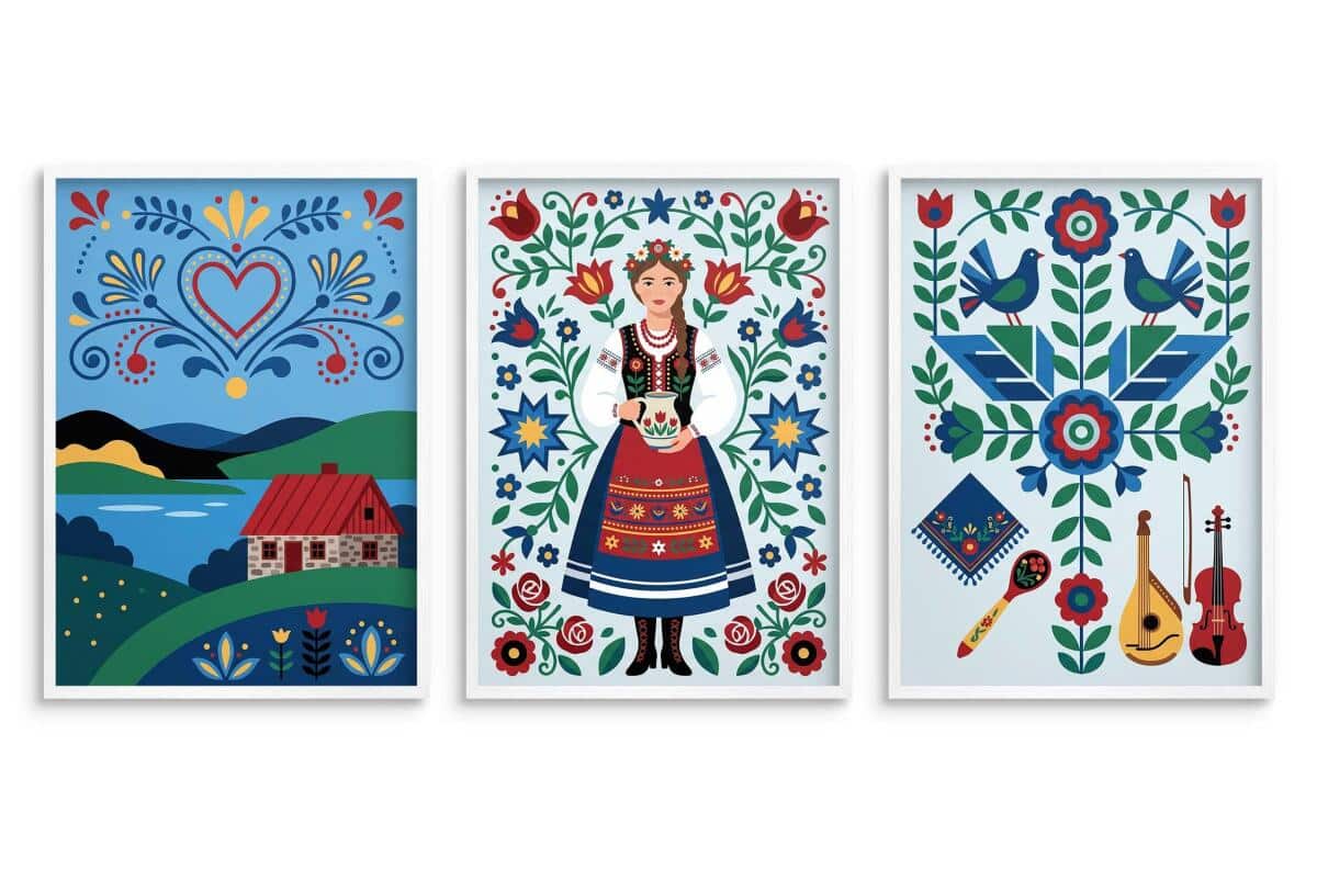 Komplet 3 obrazów- Polska wieś i folklor | Kolorowe plakaty rustykalne do sypialni 31210 - zdjęcie 4