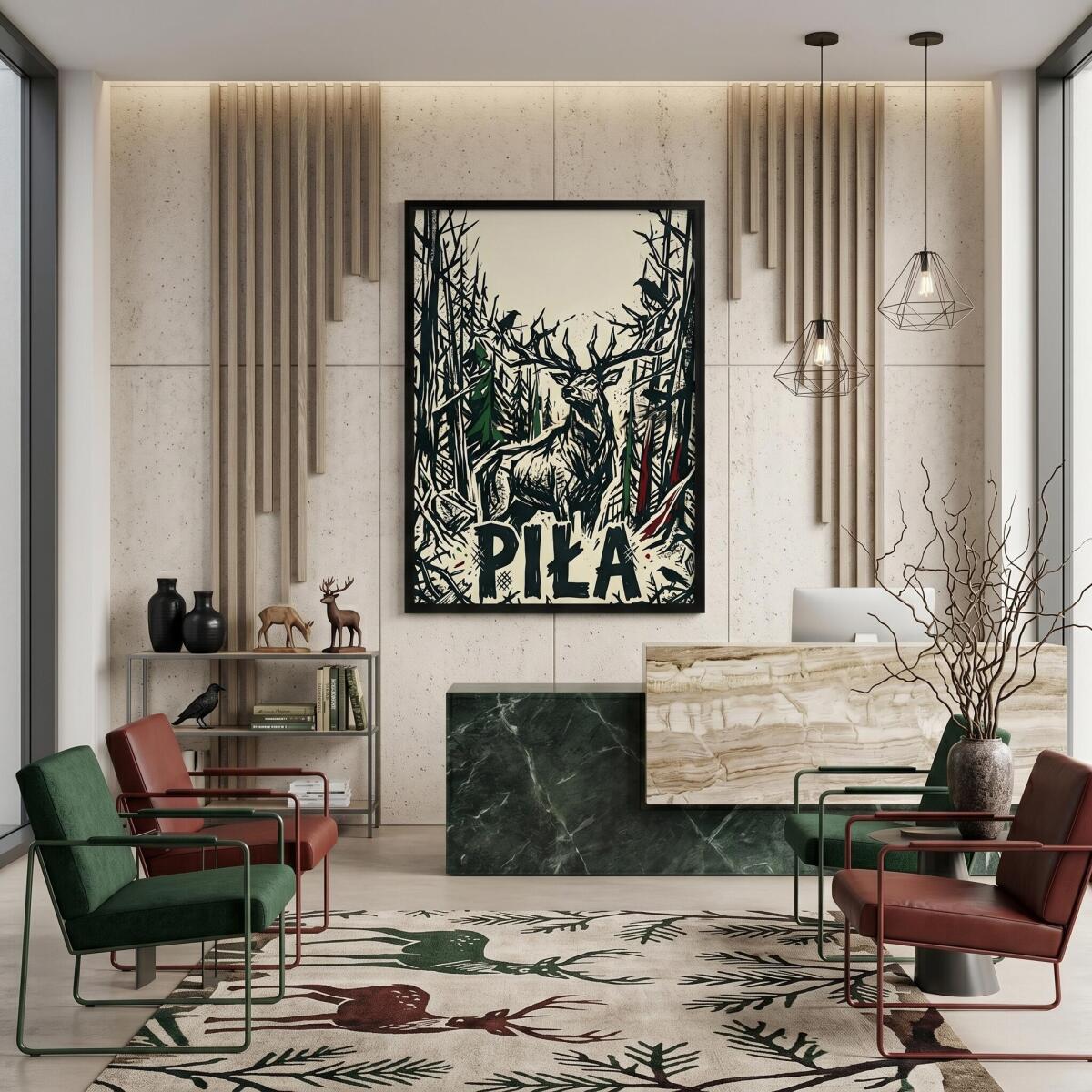 Plakat Jeleń Piła w stylu linorytu | Mroczny obraz lasu do salonu loft 31117 - zdjęcie 5