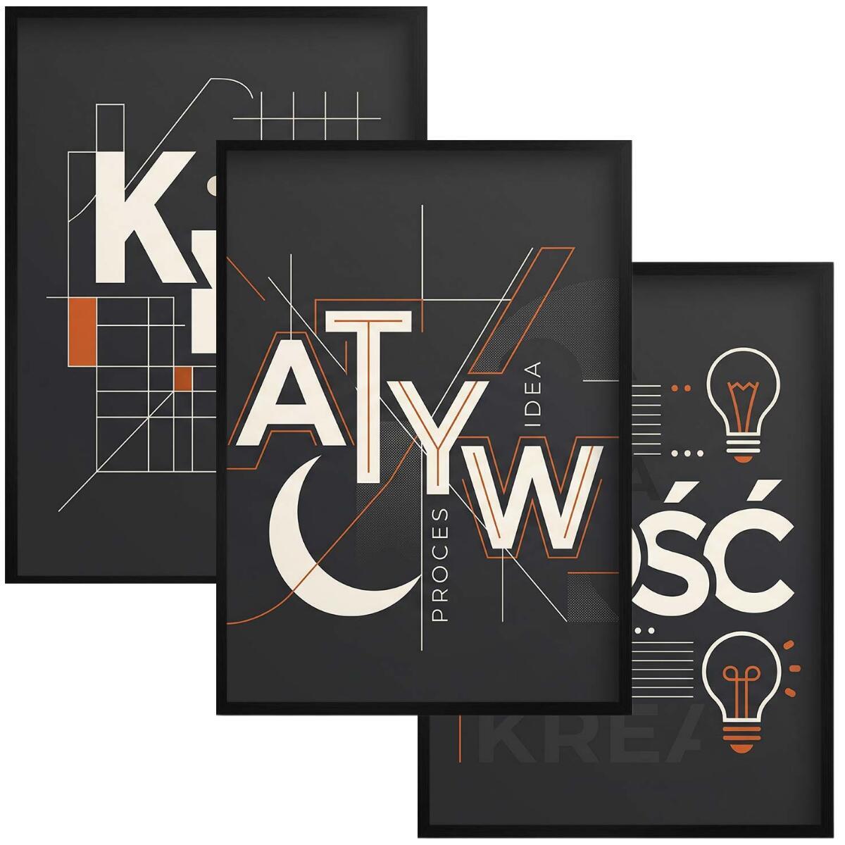 Nowoczesny Plakat do Salonu- Kreatywność | Trzy obrazy czarne ramki 31193