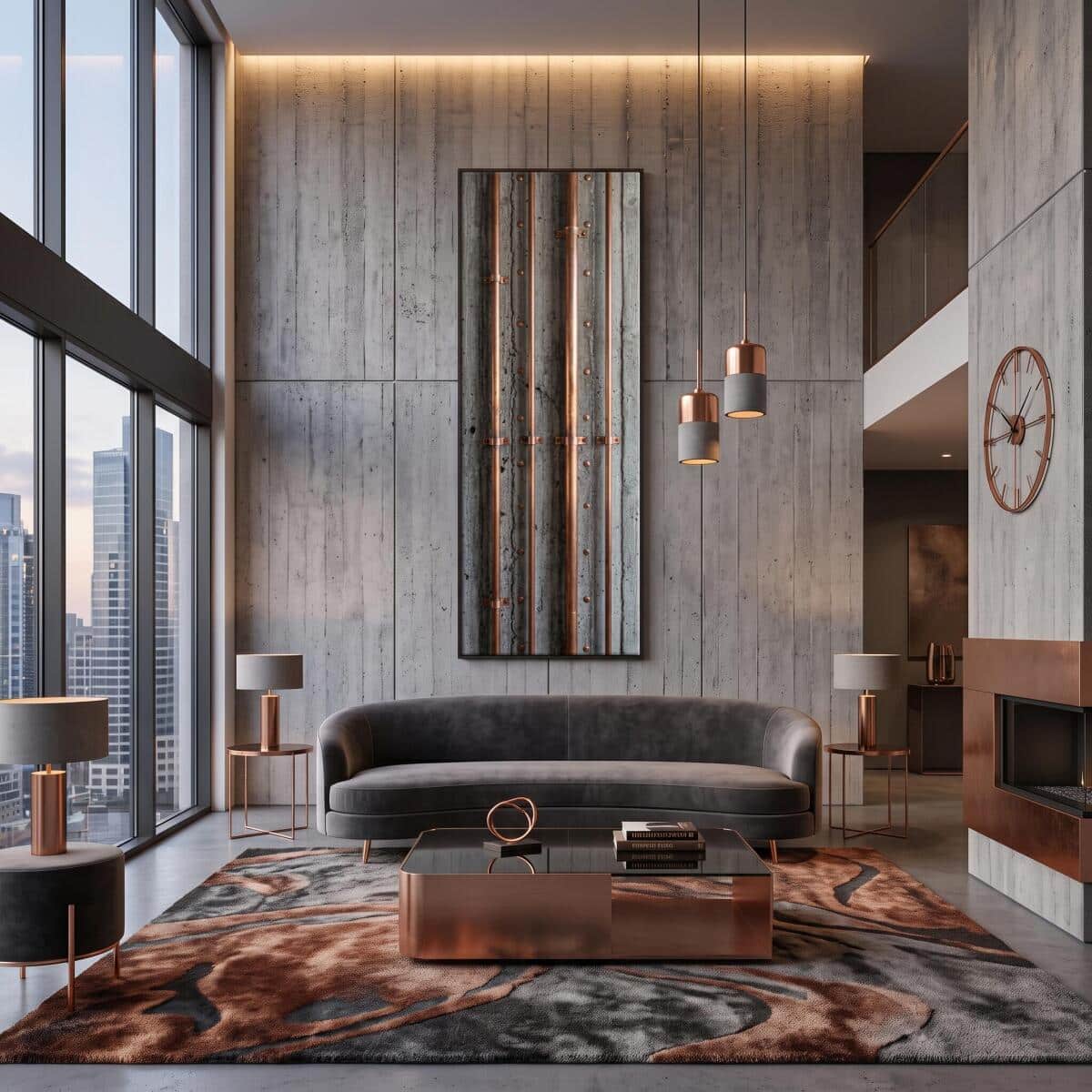 Nowoczesna Dekoracja Ścienna | Rury Miedziane na Betonie Loft 31301 - zdjęcie 3