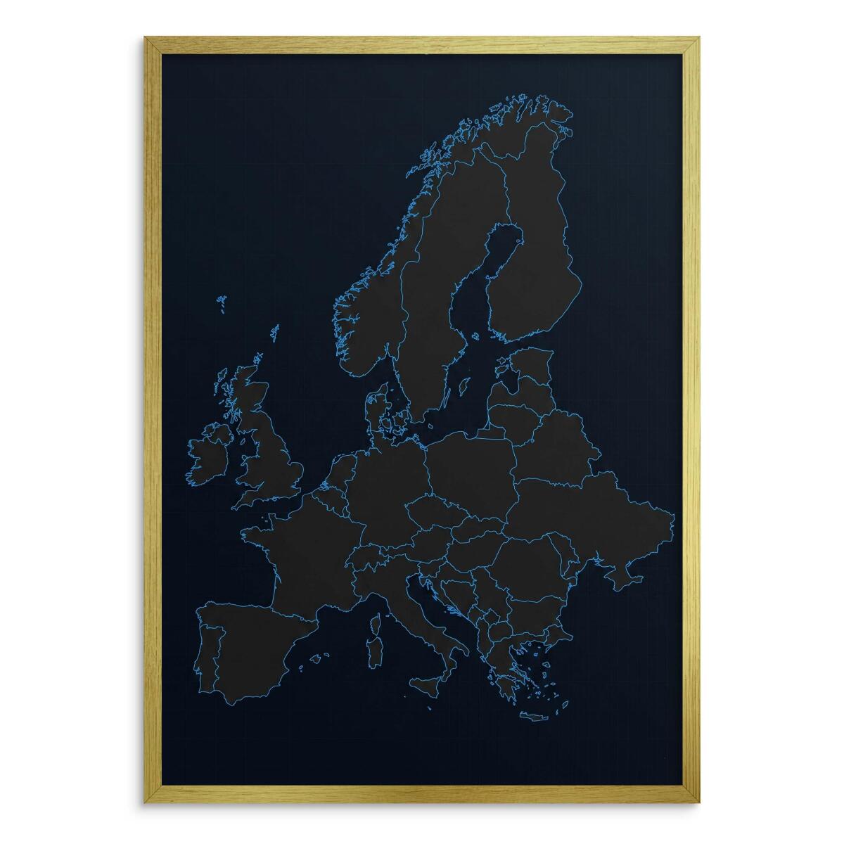 Obraz Mapa Europy styl ciemny- Neonowy błękit | Prezent dla podróżnika 31110 - zdjęcie 3