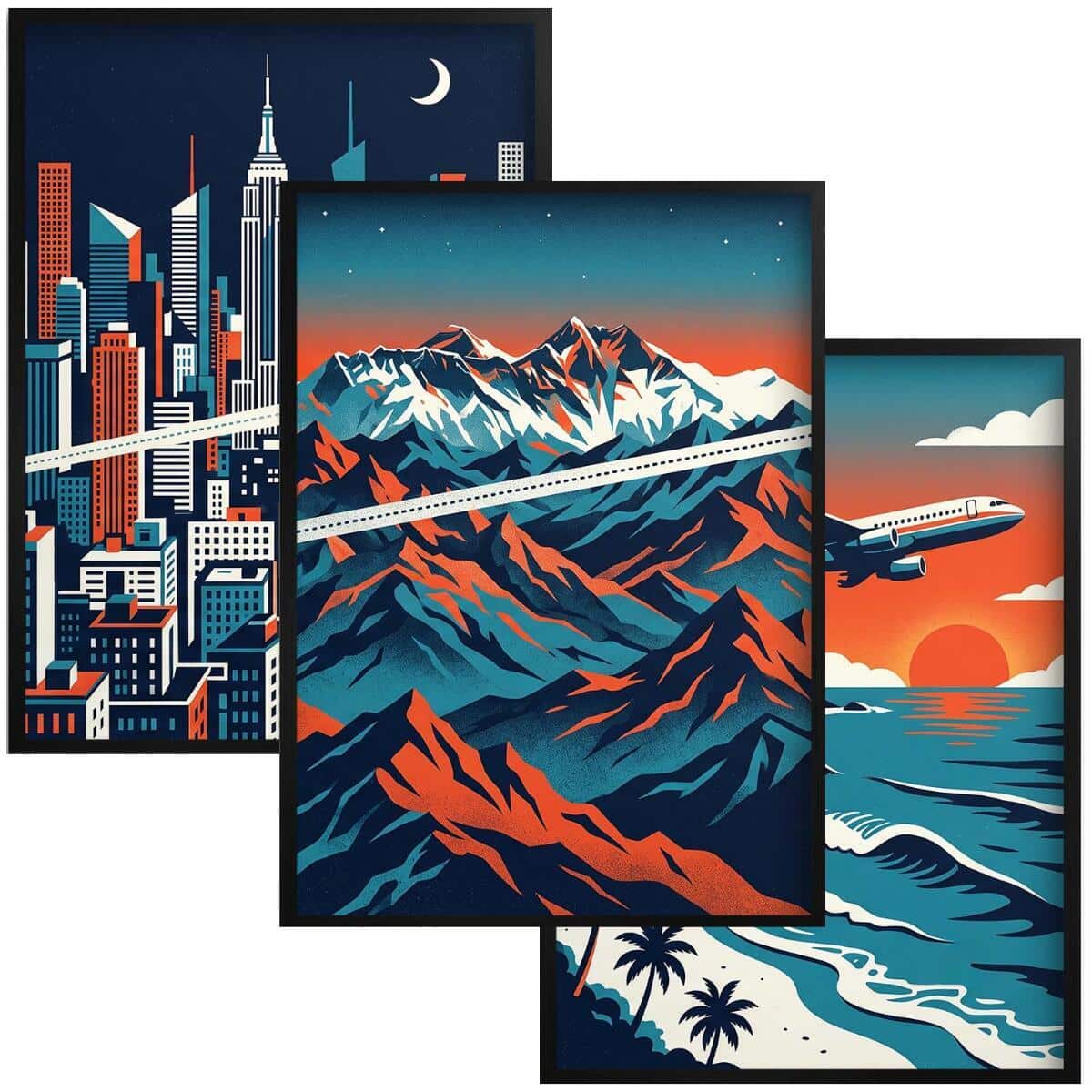 Zestaw 3 plakatów w ramie- Metropolia Góry i Ocean | Designerska galeria ścienna 31205