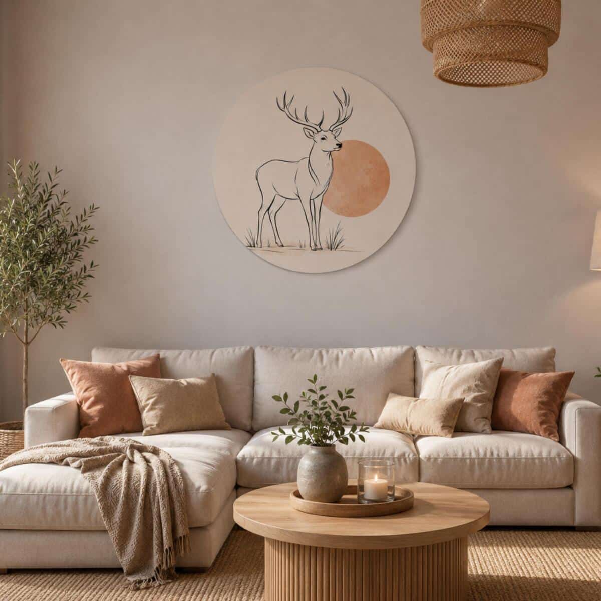 Skandynawski Obraz Okrągły- Jeleń Line Art z Beżowym Słońcem | Minimalistyczna dekoracja ścianna 31084 - zdjęcie 4