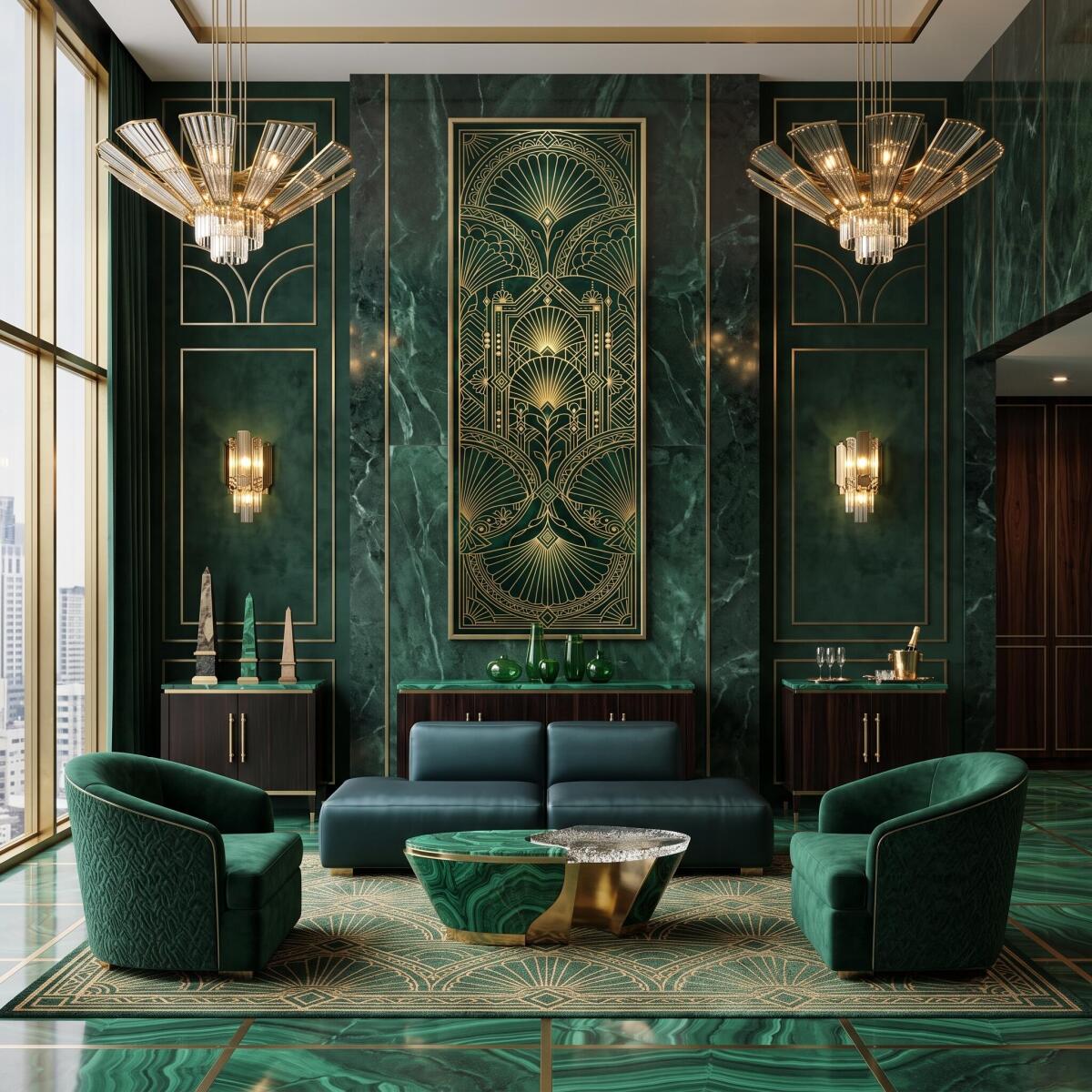 Pionowy Obraz Szmaragdowe Art Deco | Złoty Motyw na Ścianę Glamour 31265 - zdjęcie 5