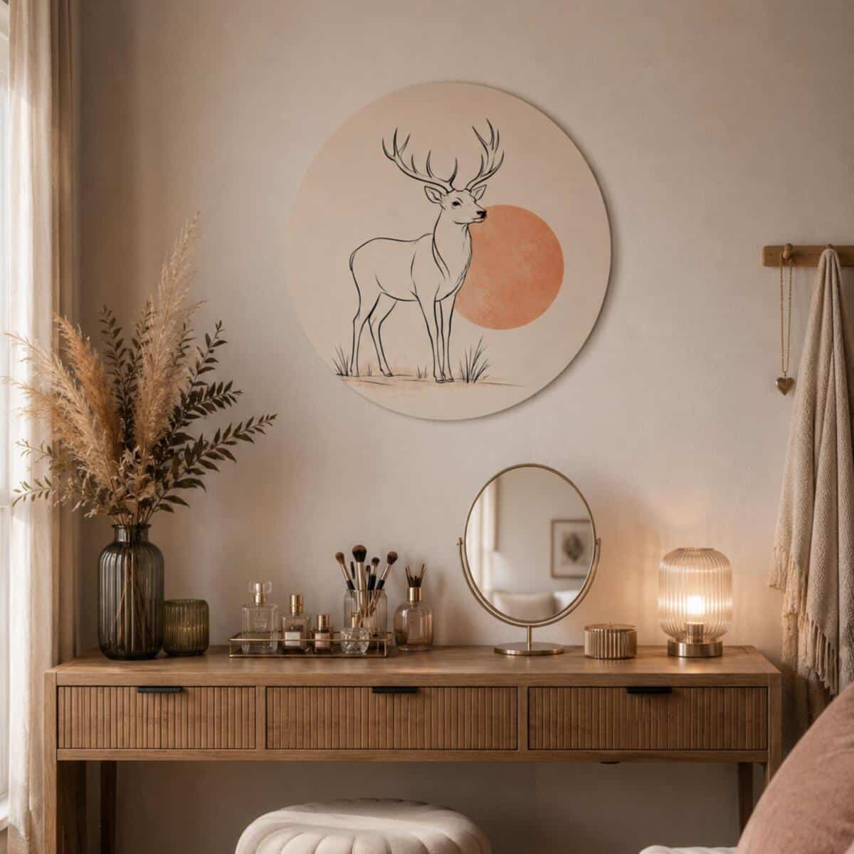 Skandynawski Obraz Okrągły- Jeleń Line Art z Beżowym Słońcem | Minimalistyczna dekoracja ścianna 31084 - zdjęcie 3