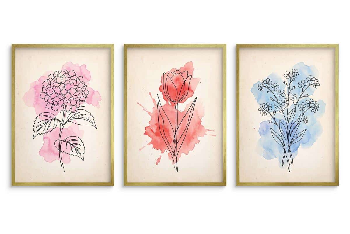 Plakaty botaniczne Line Art Kwiaty- Zestaw 3 szt. | Tryptyk akwarela do salonu 31176 - zdjęcie 4