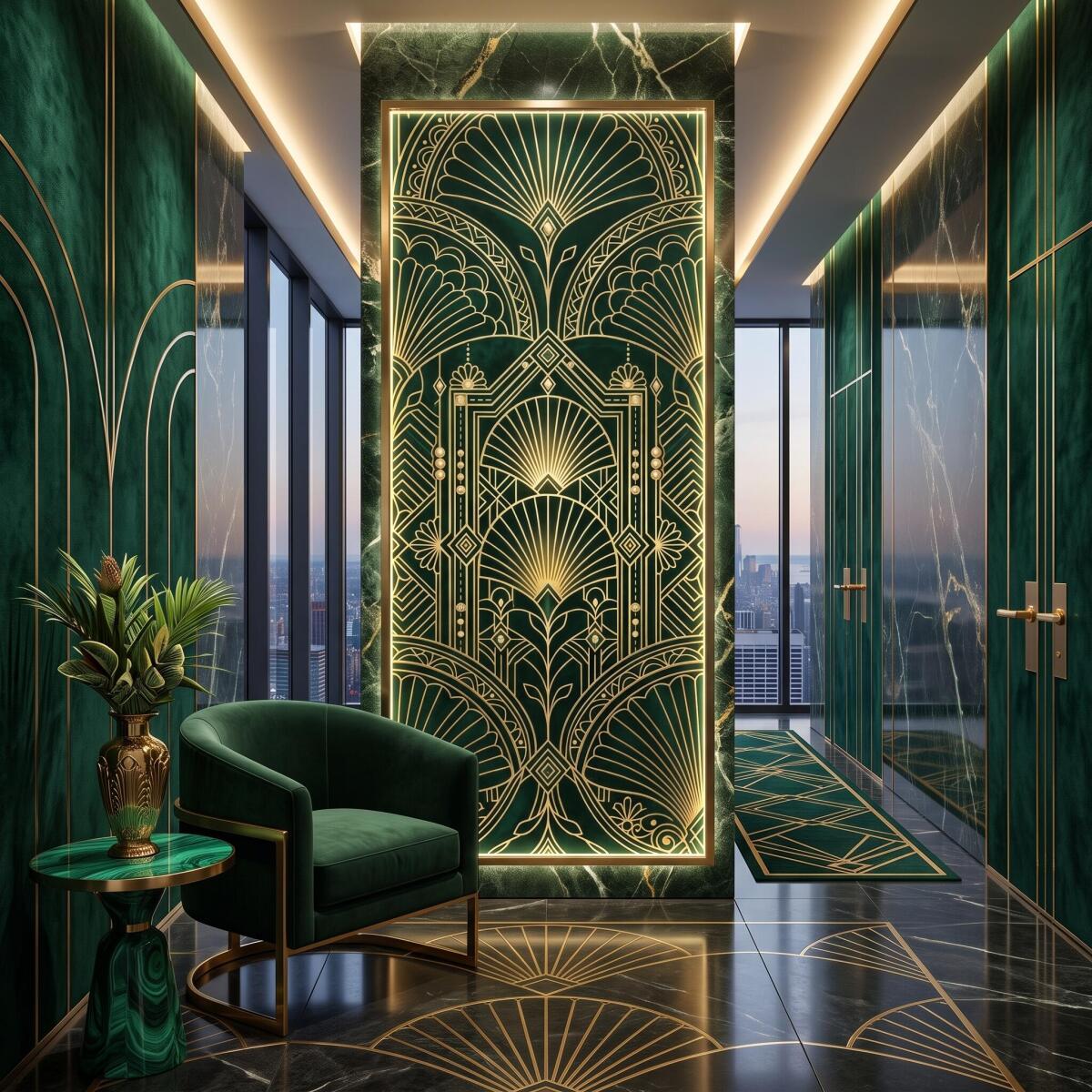 Pionowy Obraz Szmaragdowe Art Deco | Złoty Motyw na Ścianę Glamour 31265 - zdjęcie 4