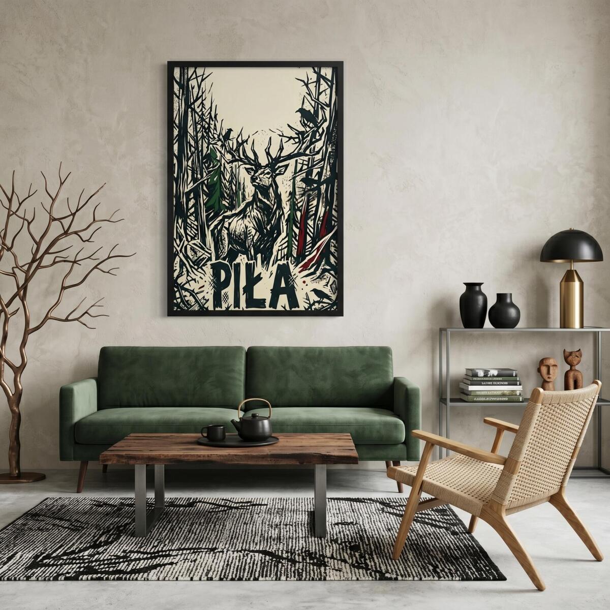 Plakat Jeleń Piła w stylu linorytu | Mroczny obraz lasu do salonu loft 31117 - zdjęcie 4