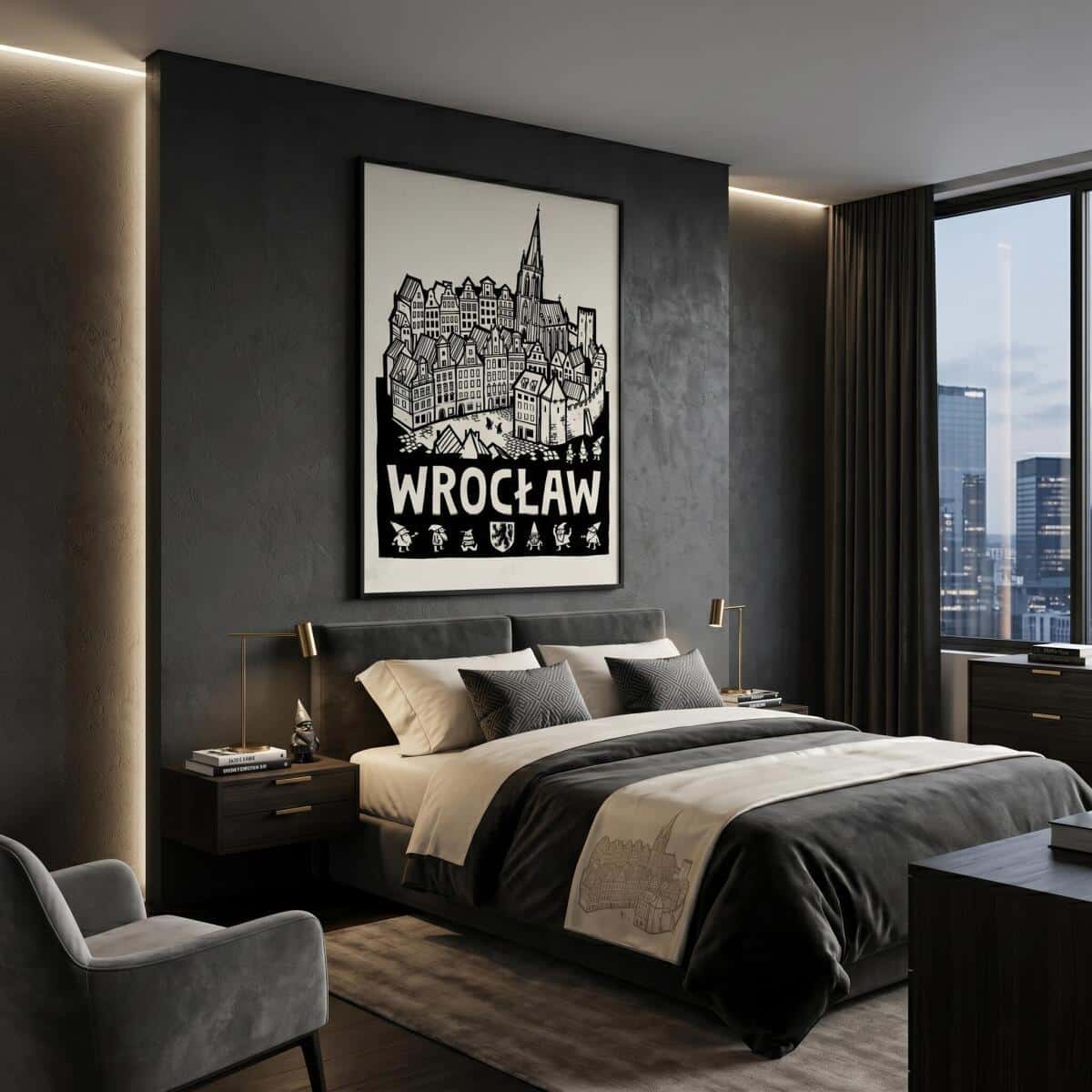 Plakat z Miastem Wrocław- Czarny Linoryt | Minimalistyczna ozdoba do biura 31118 - zdjęcie 4