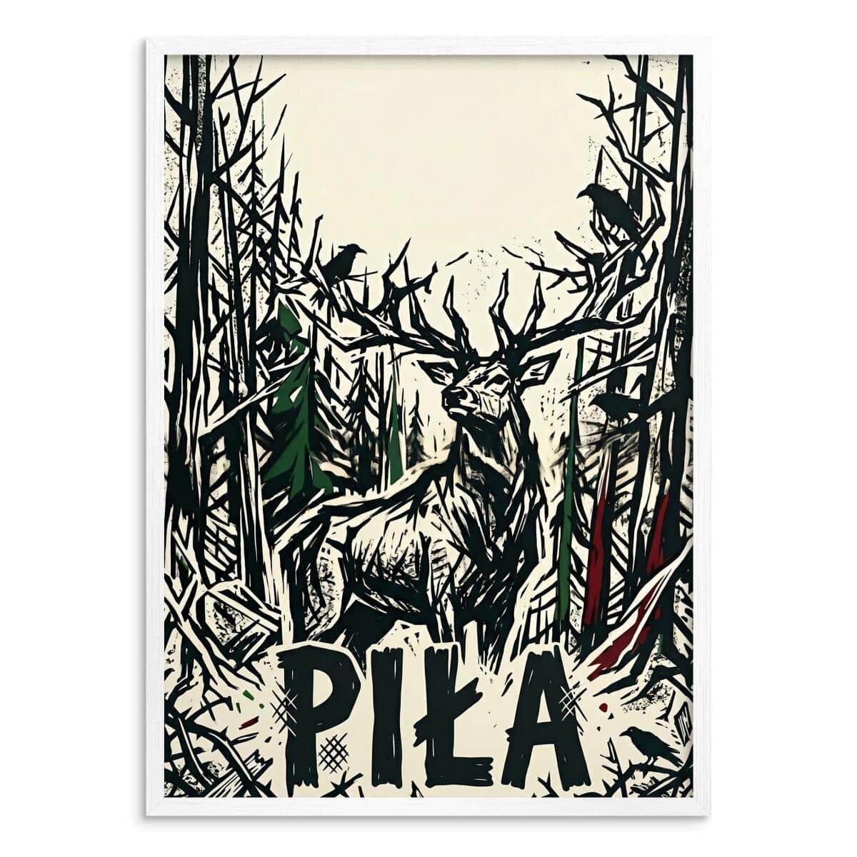 Plakat Jeleń Piła w stylu linorytu | Mroczny obraz lasu do salonu loft 31117 - zdjęcie 2