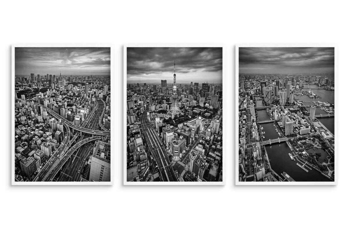 Czarno-biały tryptyk Tokio do biura- Panorama | Modny plakat loftowy zestaw 31216 - zdjęcie 3
