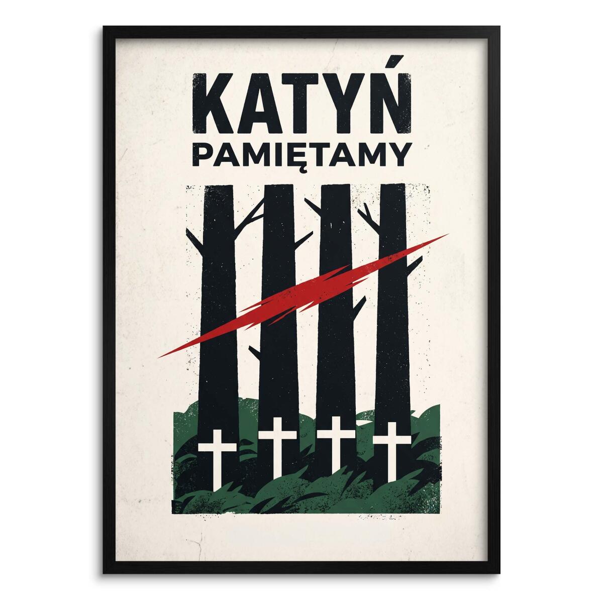 Plakat retro Katyń Pamiętamy czarna rama | Elegancka dekoracja do gabinetu 31145