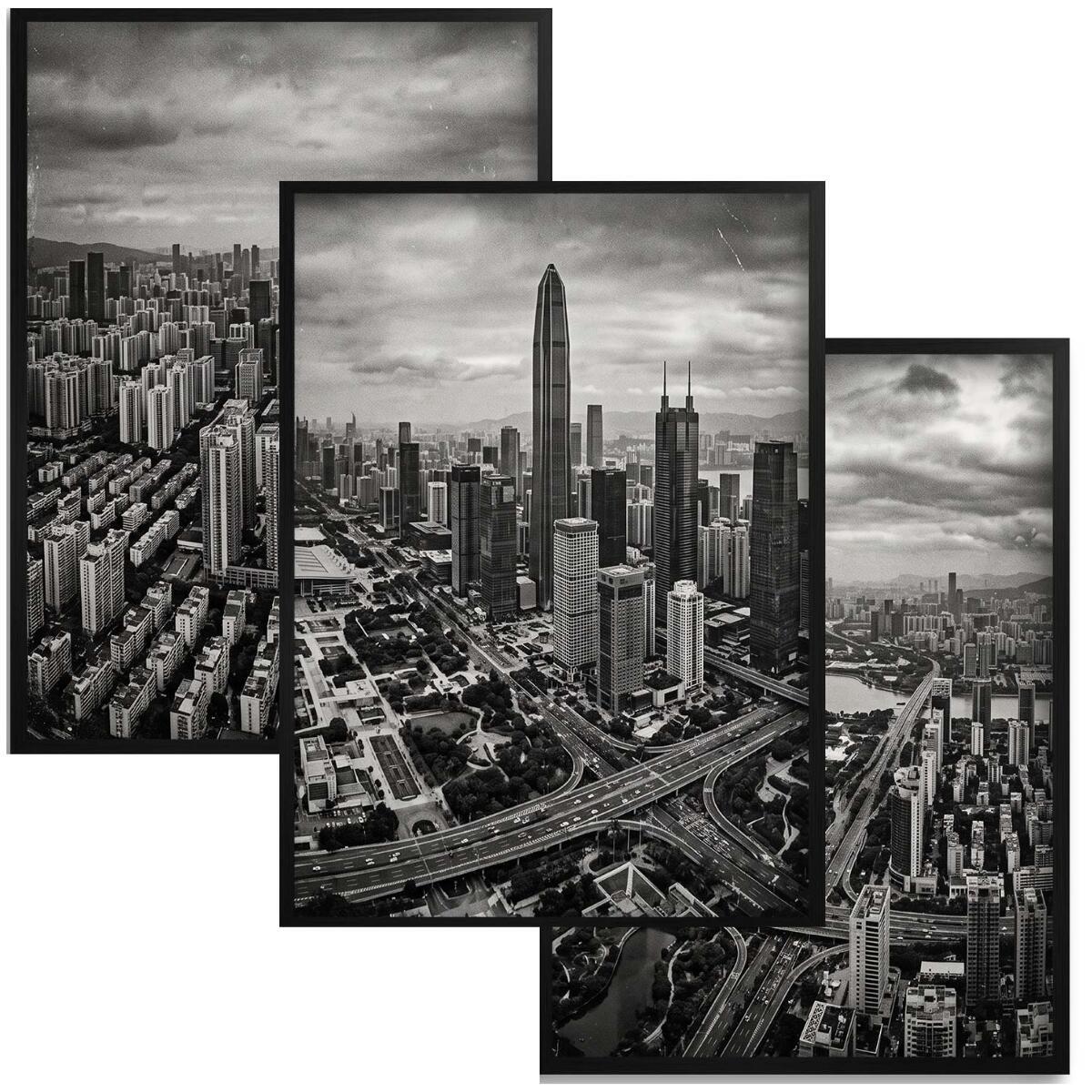 Plakat Loft Panorama Miasta z góry | Trzyczęściowy Obraz czarno-biały 31217