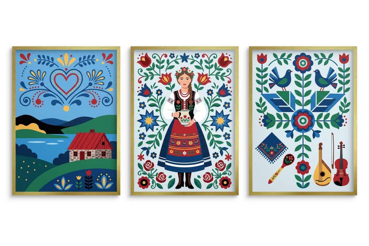 Komplet 3 obrazów- Polska wieś i folklor | Kolorowe plakaty rustykalne do sypialni 31210 - zdjęcie 3