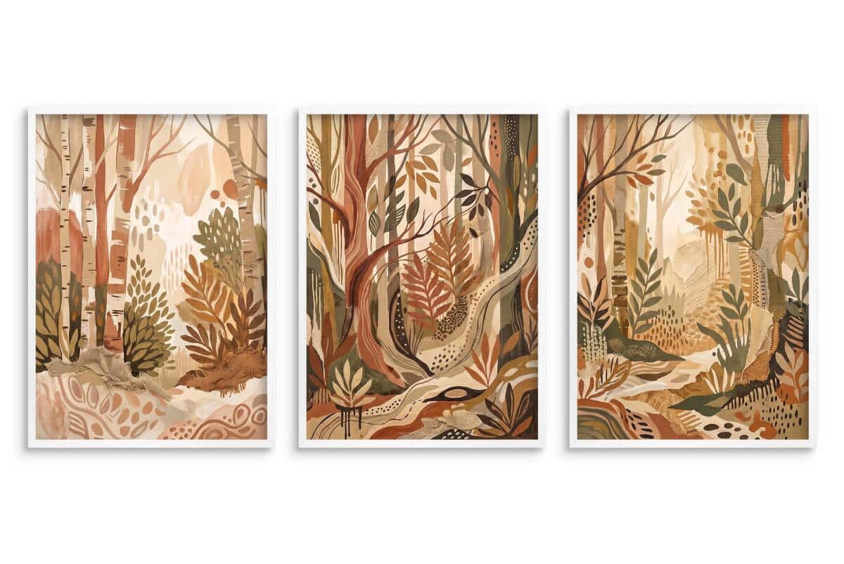 Plakat do salonu Tryptyk Abstrakcyjny Las Boho | Obraz Beżowy Jesień 31137 - zdjęcie 3