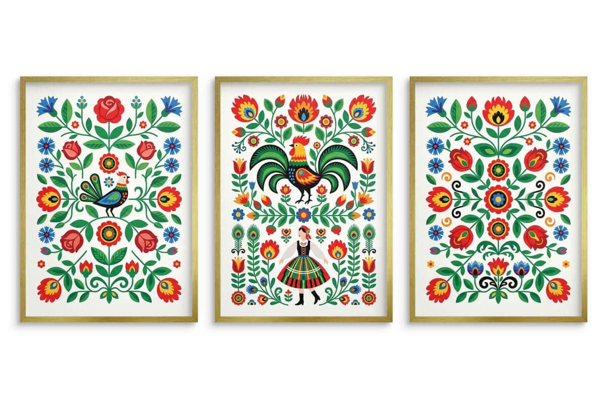 Plakat na ścianę Łowickie Koguty- Trzy części | Kolorowa dekoracja boho-folk 31212 - zdjęcie 3