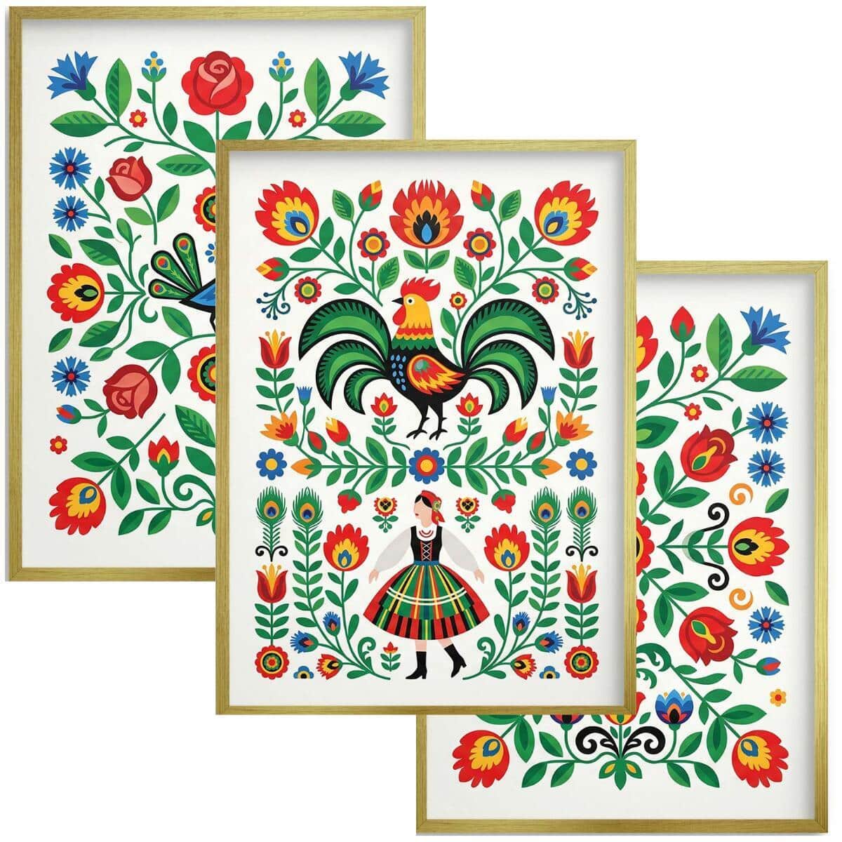Plakat na ścianę Łowickie Koguty- Trzy części | Kolorowa dekoracja boho-folk 31212