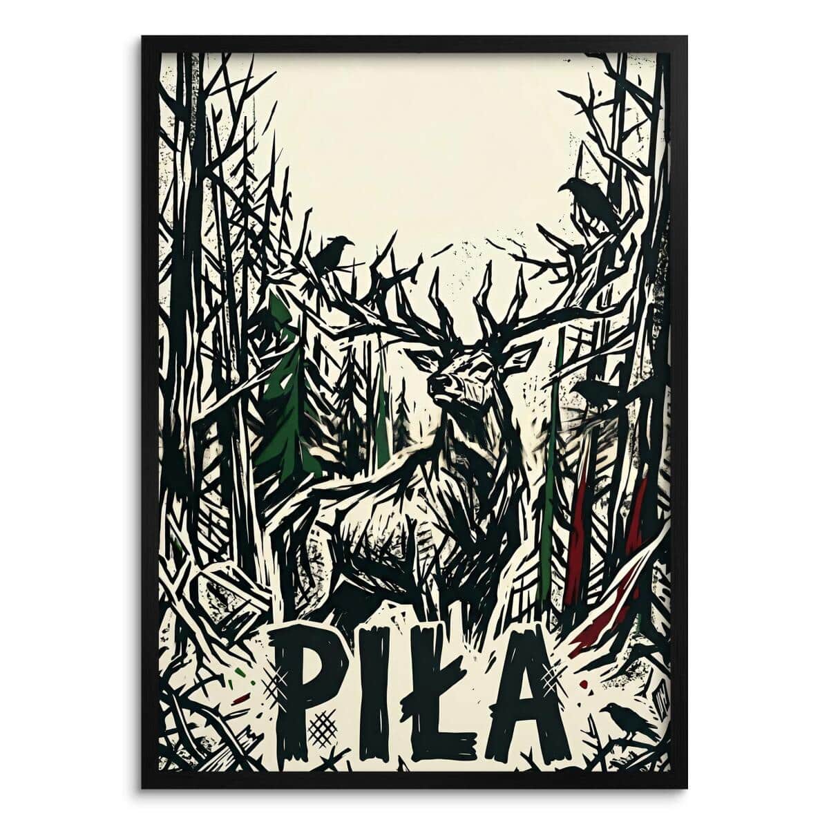 Plakat Jeleń Piła w stylu linorytu | Mroczny obraz lasu do salonu loft 31117