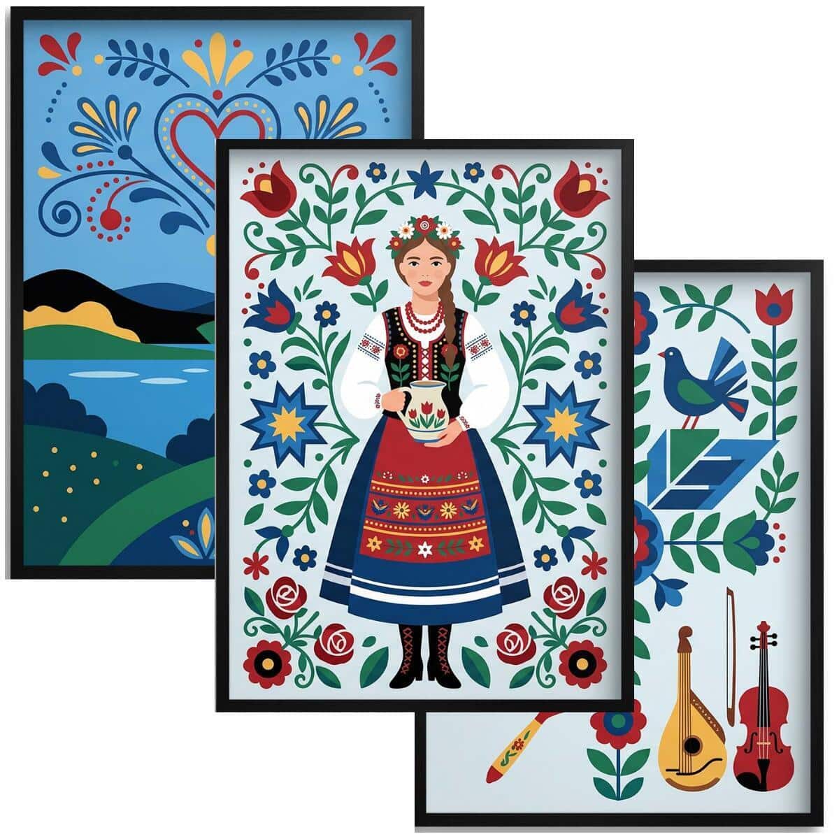 Komplet 3 obrazów- Polska wieś i folklor | Kolorowe plakaty rustykalne do sypialni 31210
