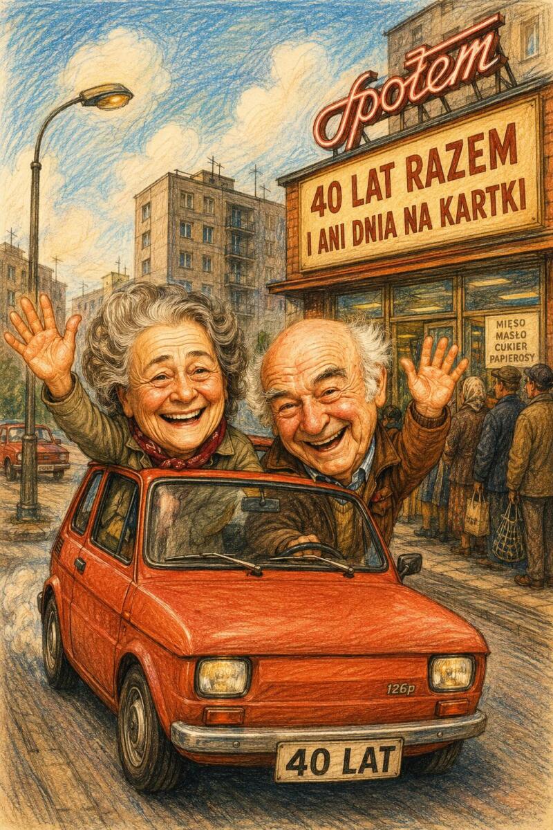Śmieszny Plakat na 40. Rocznicę Ślubu ze Zdjęcia — Karykatura Pary w Stylu PRL | Rubinowe Gody 83089 - zdjęcie 3