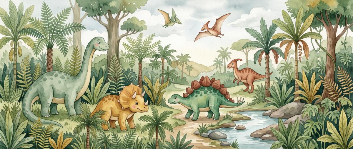Fototapeta Dinozaury w Dżungli- Akwarela | Zielona dekoracja dla dzieci 31367 - zdjęcie 4