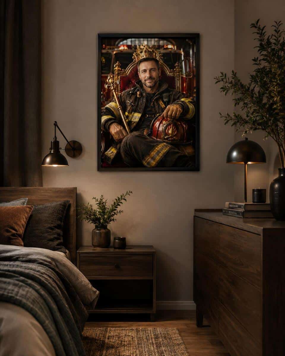 Plakat ze Zdjęcia – Królewski Portret Strażaka na Tronie | Prezent na Emeryturę, Jubileusz od Współpracowników lub Najbliższych 31512 - zdjęcie 2