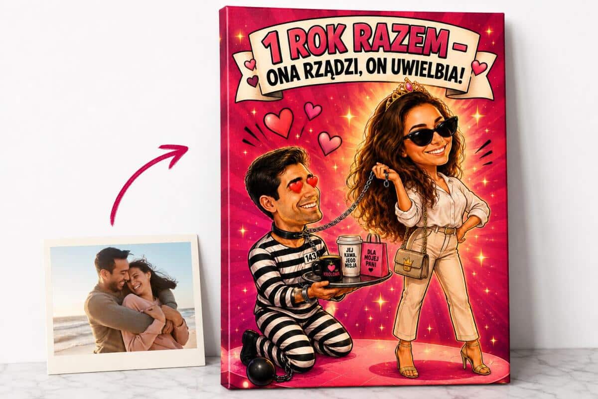 Prezent na 1 rocznicę ślubu (papierową) – Karykatura ze zdjęcia, ona rządzi 83029 - zdjęcie 2
