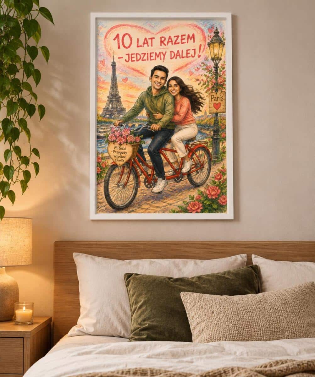 Plakat na 10. Rocznicę Ślubu ze Zdjęcia — Śmieszna Karykatura Pary w Paryżu | Cynowe Gody 83073 - zdjęcie 5
