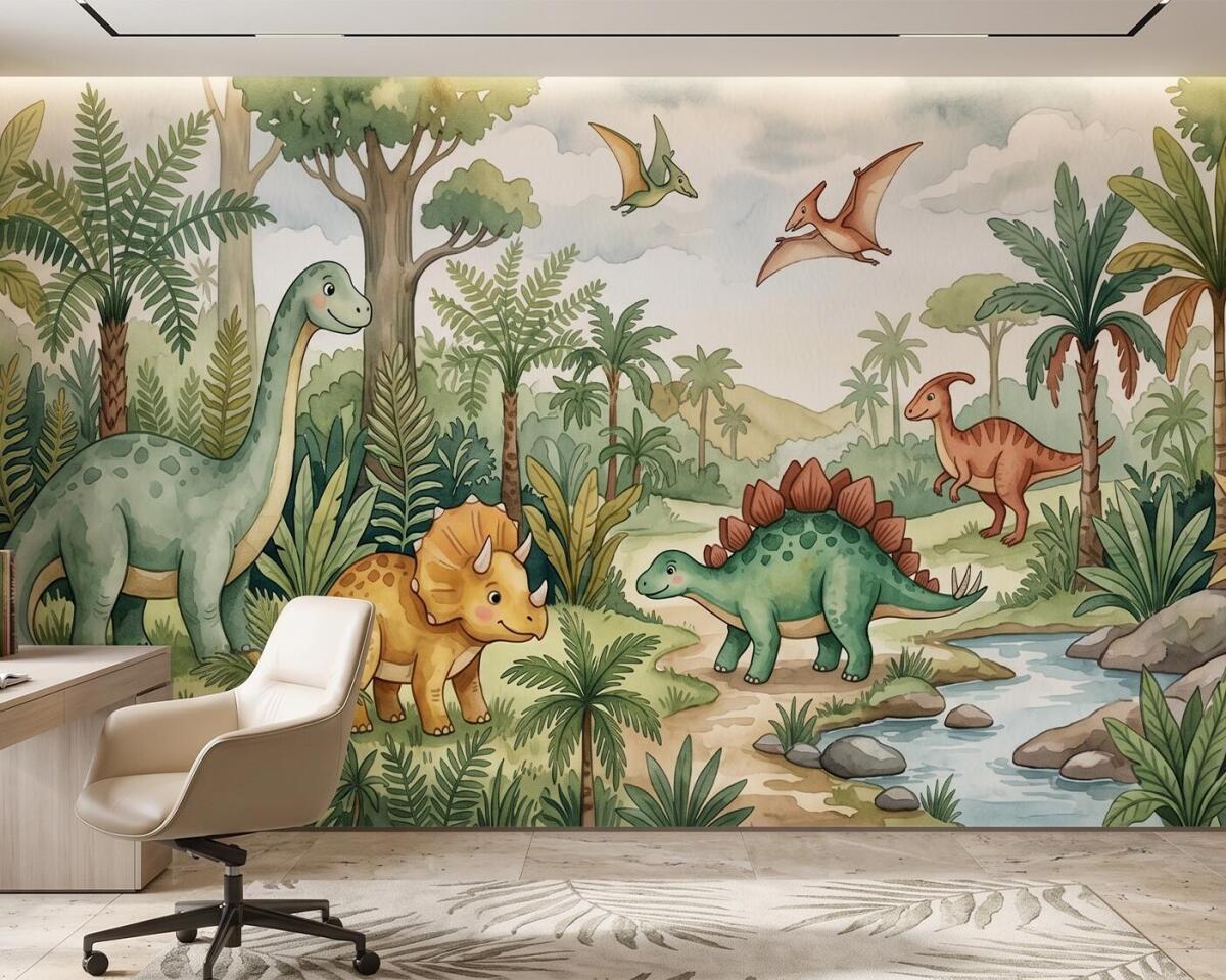 Fototapeta Dinozaury w Dżungli- Akwarela | Zielona dekoracja dla dzieci 31367