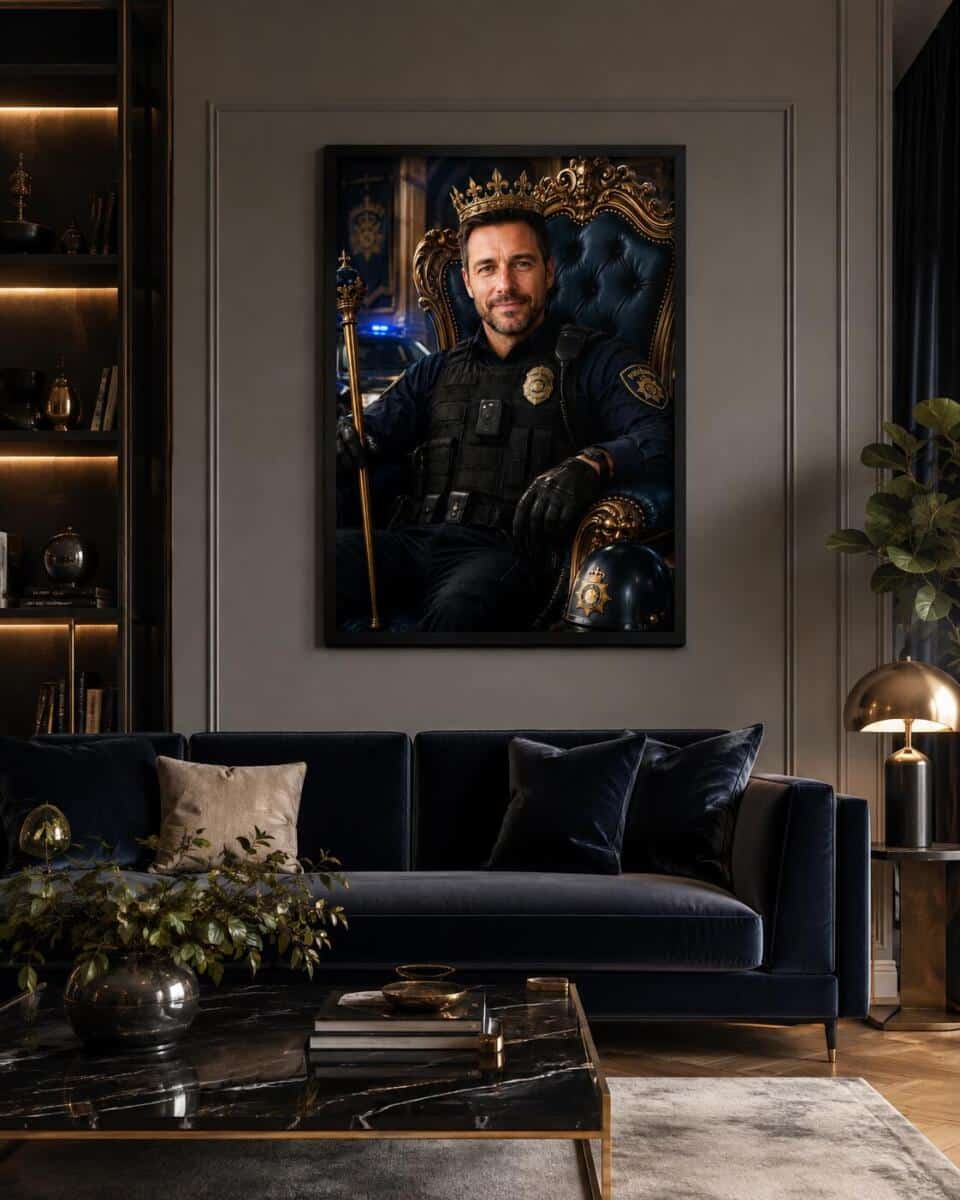 Królewski Plakat ze Zdjęcia – Portret Policjanta na Tronie | Prezent na Emeryturę lub Jubileusz 31508 - zdjęcie 4