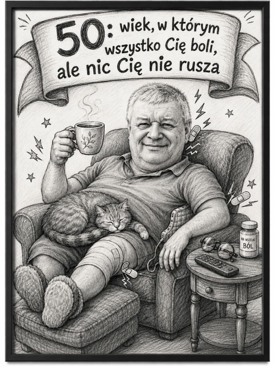 Śmieszny Plakat na 50. Urodziny ze Zdjęcia — Karykatura z Hasłem | Zabawny Prezent na Pięćdziesiątkę 83079