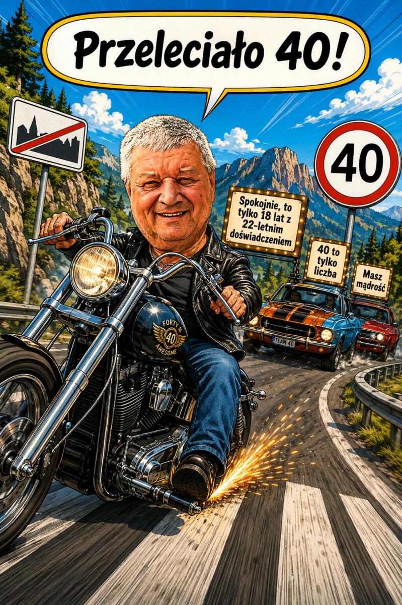 Karykatura z Twojego zdjęcia na 40 urodziny – Śmieszny portret motocyklisty | Prezent upominek 83051 - zdjęcie 3