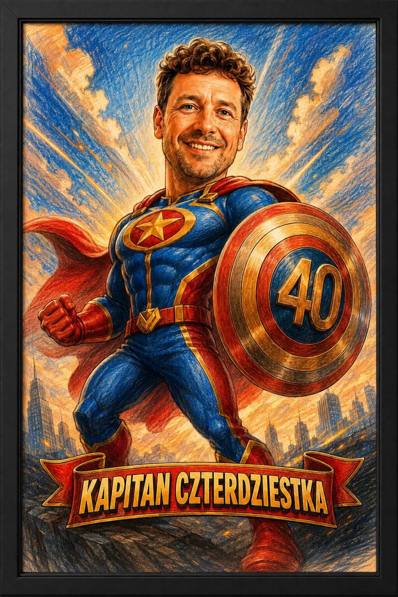 Śmieszny Plakat na 40. Urodziny ze Zdjęcia — Karykatura Superbohatera  | Prezent na Czterdziestkę 83084 - zdjęcie 3