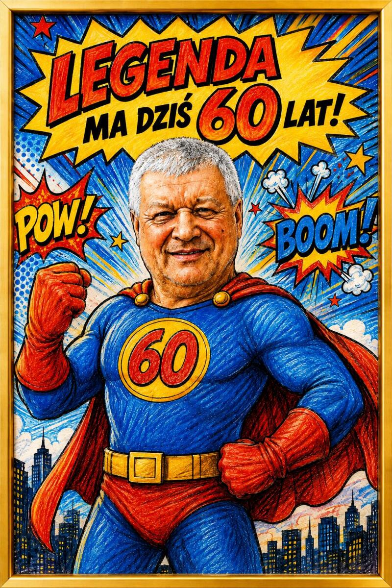Śmieszny Plakat na 60. Urodziny ze Zdjęcia Komiksowa Karykatura Superbohatera |Prezent na Sześćdziesiątkę 83080 - zdjęcie 3