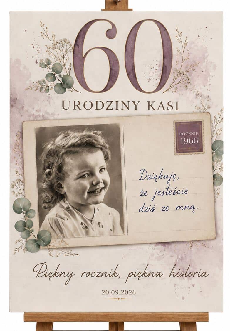 Tablica powitalna na 60 urodziny ze zdjęciem z dzieciństwa | Plakat na sześćdziesiątkę dla kobiety 39039