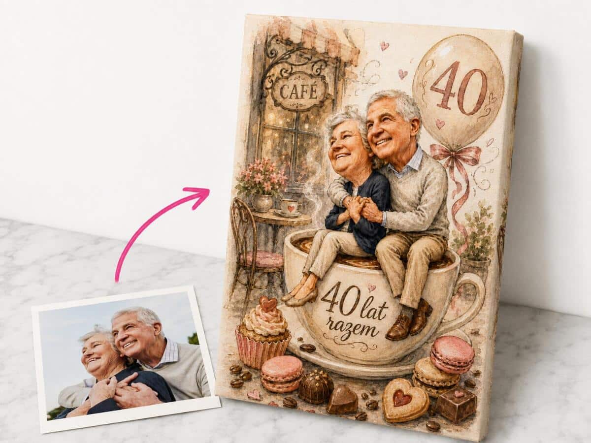 Prezent upominek na 40 rocznicę ślubu z Twojego zdjęcia – Karykatura pary na filiżance kawy 83008 - zdjęcie 2