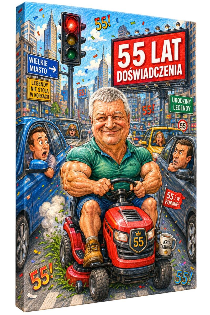 Obraz na Płótnie 55 Urodziny -Kosiarka- Prezent  Karykatura ze Zdjęcia 83113