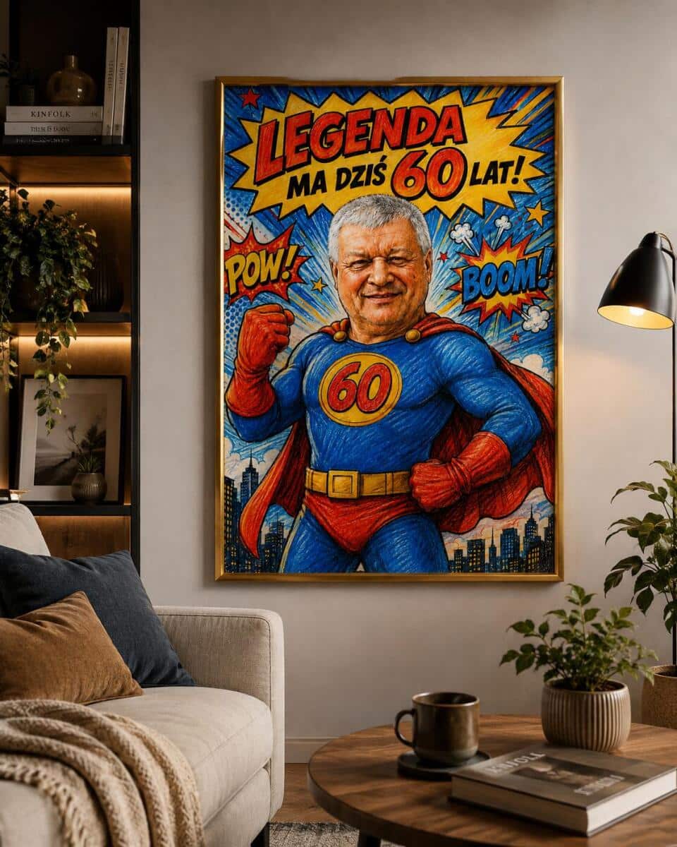 Śmieszny Plakat na 60. Urodziny ze Zdjęcia Komiksowa Karykatura Superbohatera |Prezent na Sześćdziesiątkę 83080 - zdjęcie 4