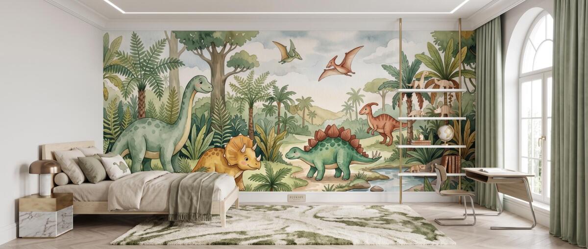 Fototapeta Dinozaury w Dżungli- Akwarela | Zielona dekoracja dla dzieci 31367 - zdjęcie 2
