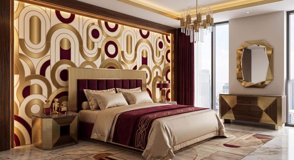 Fototapeta Art Deco- Złote Łuki i Bordo | Elegancka Tapeta do Salonu 31248 - zdjęcie 2