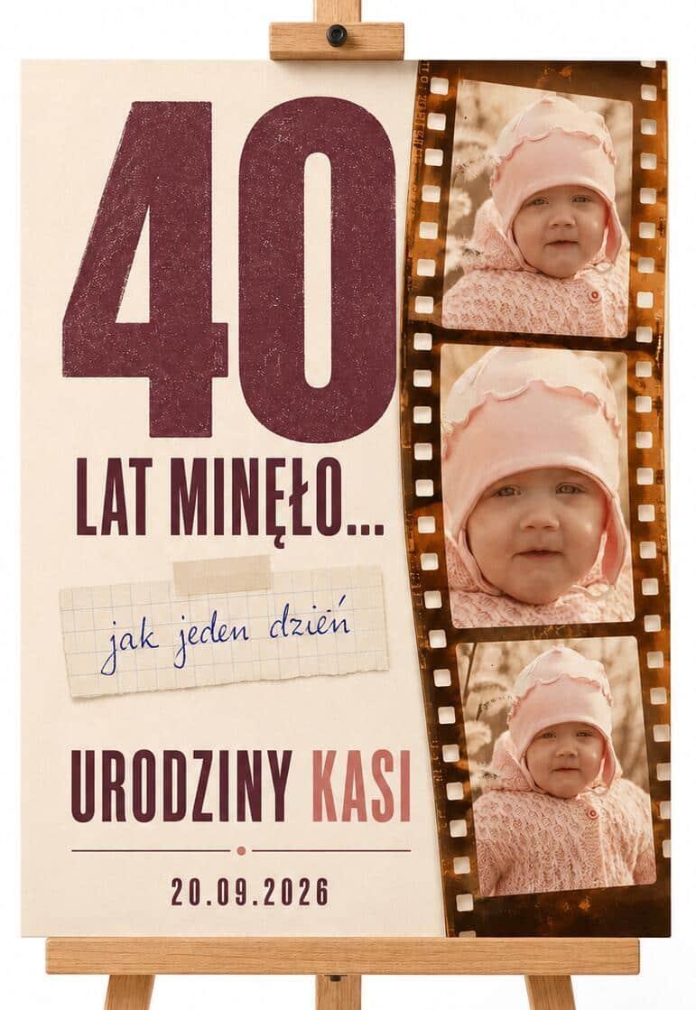 Tablica powitalna na 40 urodziny ze zdjęciem z dzieciństwa, imieniem i datą 39035