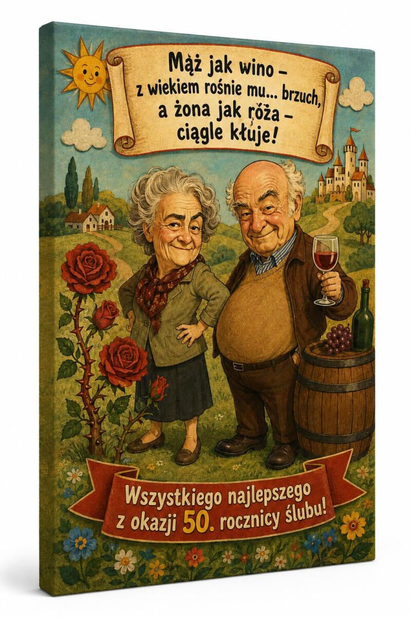 Obraz na płótnie z Twojego zdjęcia na 50 rocznicę ślubu Złote Gody – Śmieszna karykatura pary Prezent 83059