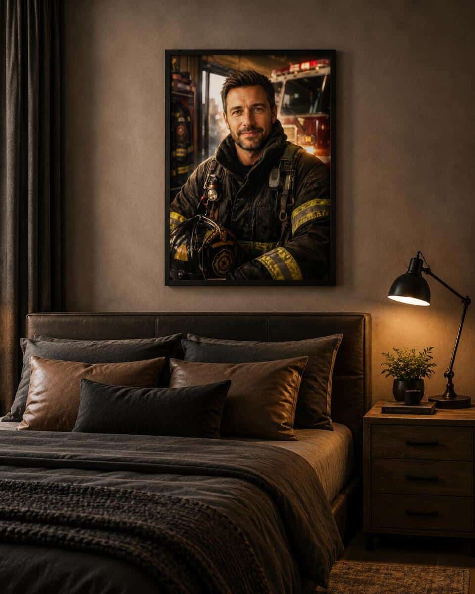 Plakat ze Zdjęcia – Portret Strażaka w Remizie Premium | Prezent na Awans, Urodziny od Rodziny lub Znajomych 31514 - zdjęcie 2