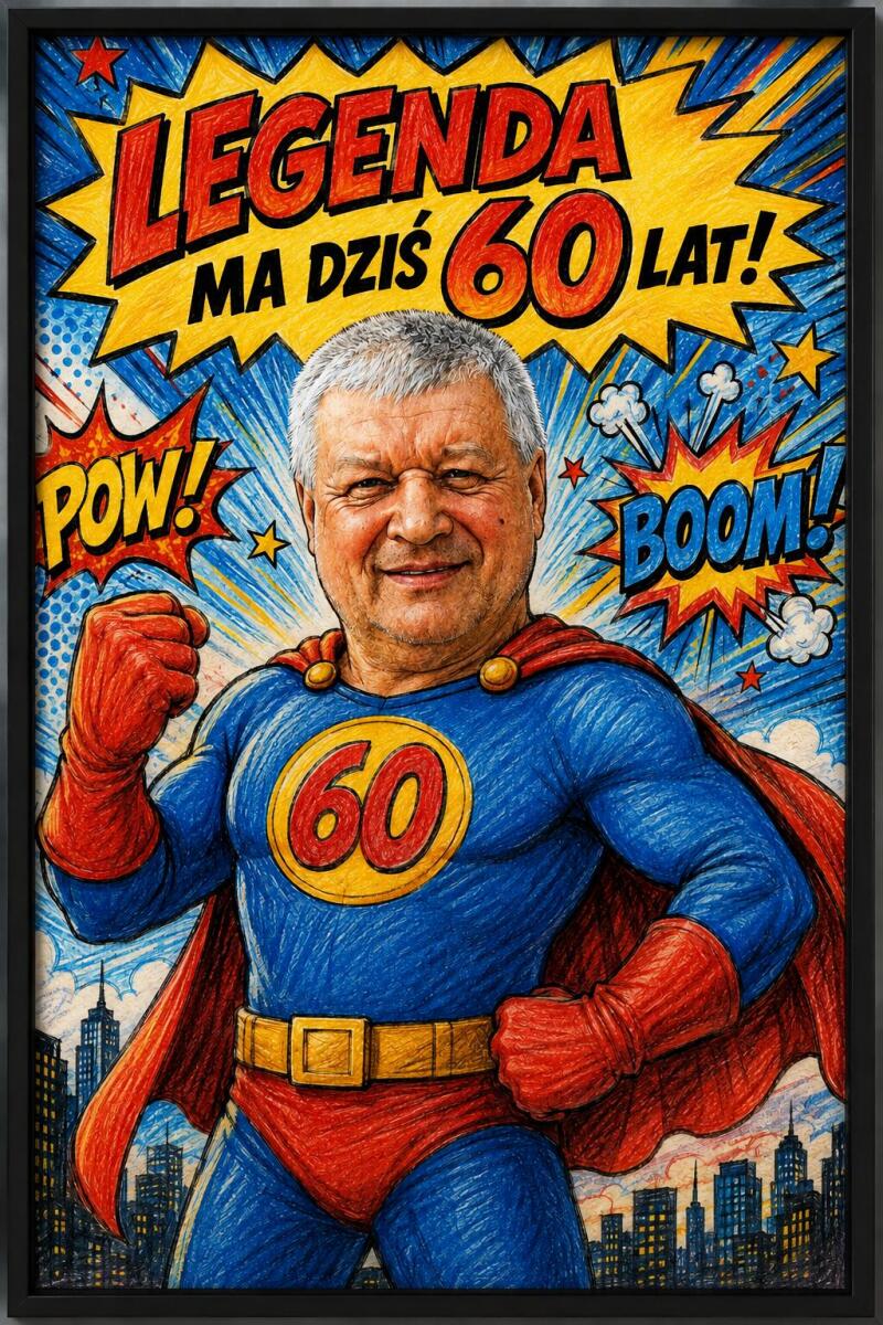 Śmieszny Plakat na 60. Urodziny ze Zdjęcia Komiksowa Karykatura Superbohatera |Prezent na Sześćdziesiątkę 83080