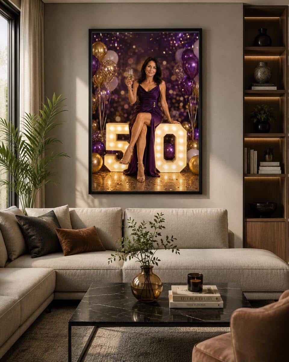 Plakat na 50. Urodziny ze Zdjęcia — Elegancka Jubilatka w Fioletach i Złocie | Prezent na Pięćdziesiątkę 83081 - zdjęcie 4