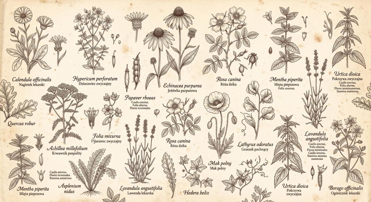 Stylowa Fototapeta Zioła na Beżu- Rycina Vintage | Tapeta Botaniczna do salonu 31237 - zdjęcie 4