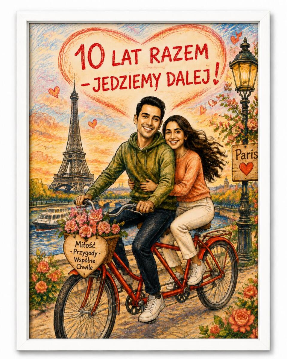 Plakat na 10. Rocznicę Ślubu ze Zdjęcia — Śmieszna Karykatura Pary w Paryżu | Cynowe Gody 83073